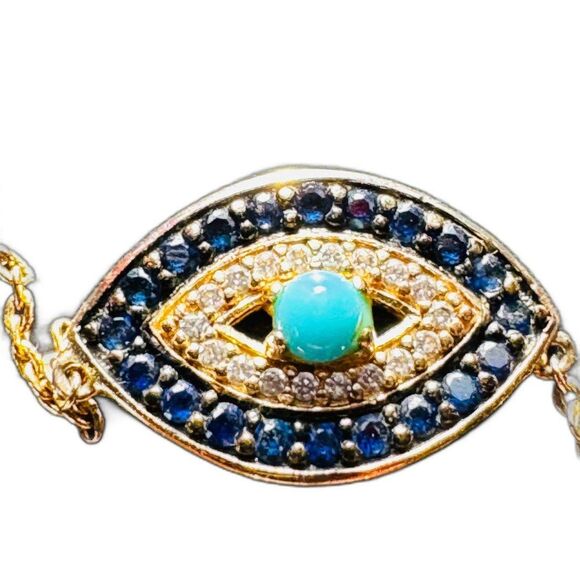 Evil Eye Link Pendant Blue & Clear Rhinestones over Gold Plated Necklace 16-19" - Picture 1 of 10